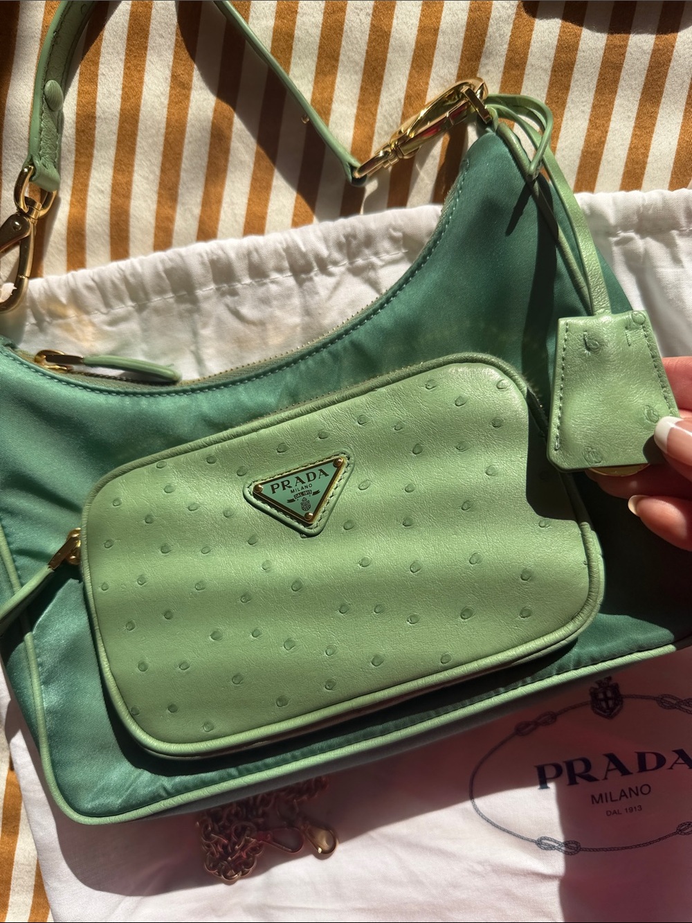 Limited Edition Prada Ostrich and nylon Green Re-Edition bag - Picture 4 of 11